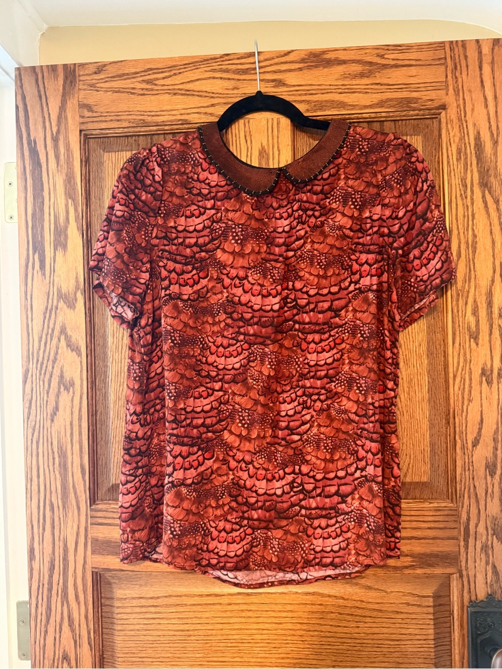 Maison Scotch Brown Tones Print Blouse Peter Pan Collar Embellished Size 2